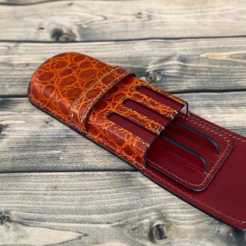 Brown Leather 3 Pen Case, Wet Molded Pen Holder, Fountain Pen Case, Luxury Pen Holder