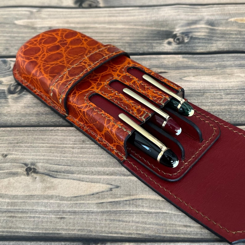 Brown Leather 3 Pen Case, Wet Molded Pen Holder, Fountain Pen Case, Luxury Pen Holder