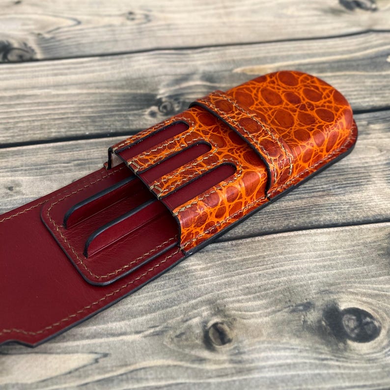 Brown Leather 3 Pen Case, Wet Molded Pen Holder, Fountain Pen Case, Luxury Pen Holder