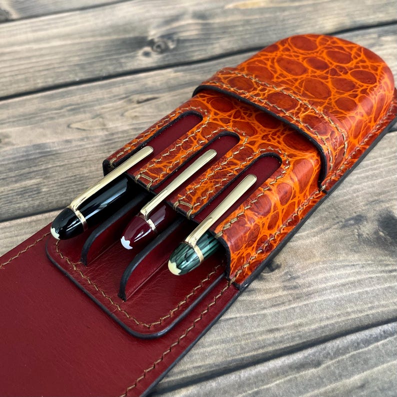 Brown Leather 3 Pen Case, Wet Molded Pen Holder, Fountain Pen Case, Luxury Pen Holder