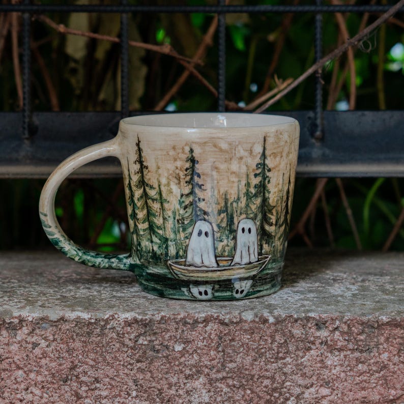 Halloween Mug - Halloween Gift, Handmade Ceramic Mug, Handmade Pottery, Haunted Forest Ghosts, Funny Mug