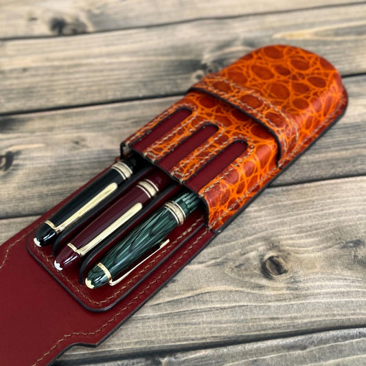 Brown  Leather 3 Pen Case, Wet Molded Pen Holder, Fountain Pen Case, Luxury Pen Holder