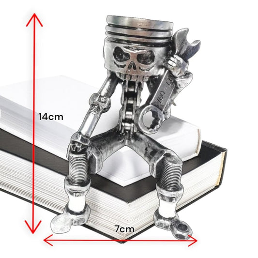 Piston Skull Resin Sculpture with Wrench Legs: Industrial Tabletop Decor for Car Enthusiasts